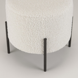 ALBANE - Tabouret rond 40x40cm tissu bouclette blanc pieds métal noir