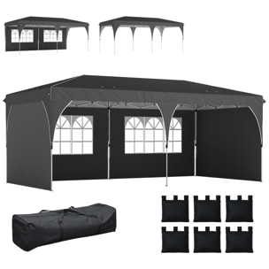 Carpa Plegable 6x3 m, Pop-up, con 4 Laterales Extraíbles, Cenador de Jardín con Tiras Reflectantes, Altura Ajustable, Sistema Central de Bloqueo, UPF50+, Impermeable, Bolsa Transporte, Gris