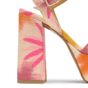 Sandalia Flora tacón a juego en lino con motivo floral estampado y hebilla