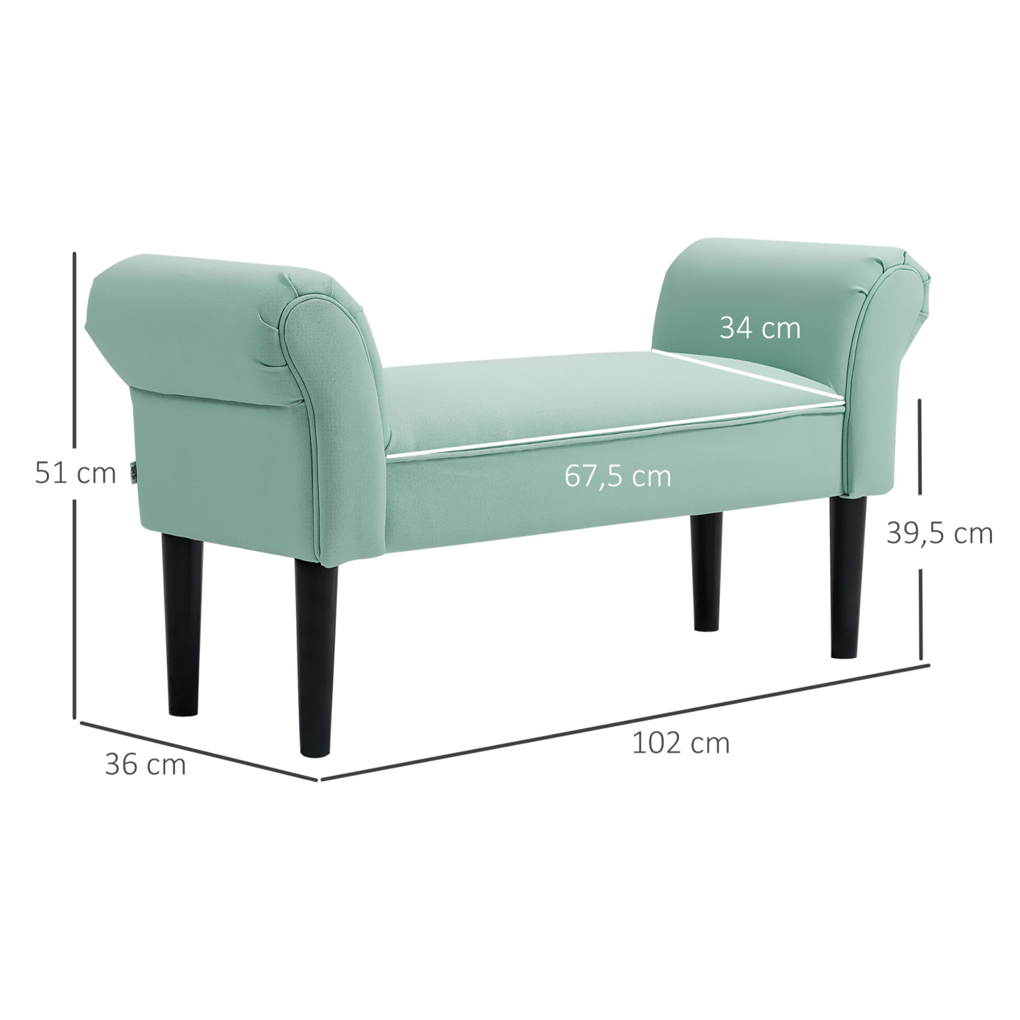 Banc banquette design contemporain accoudoirs courbés grand confort 102L x 31l x 51H cm vert d'eau