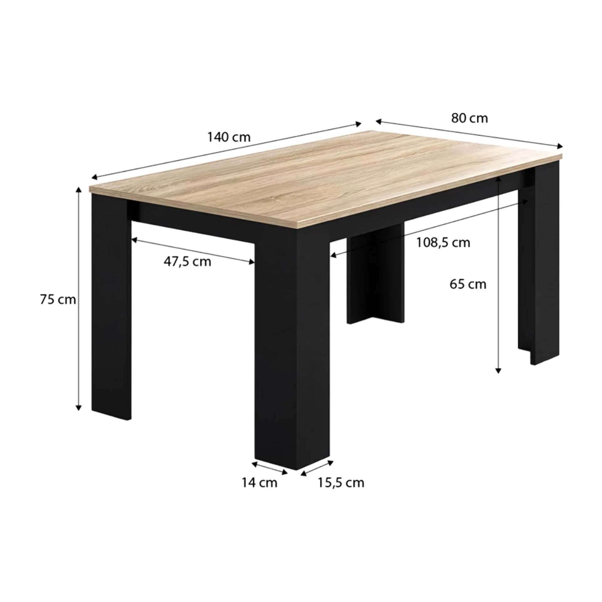 Mesa de comedor fija en negro y roble canadian 140X80 cm Naya Negro - Roble Canadian