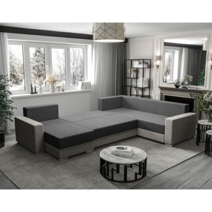 Leslie - Canapé panoramique d'angle réversible 7 places convertible avec coffre en tissu - Gris foncé