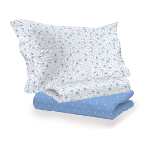 Completo Lenzuola Linea 3027 In Percalle Fantasia Floreale Disegno Melody Azzurro