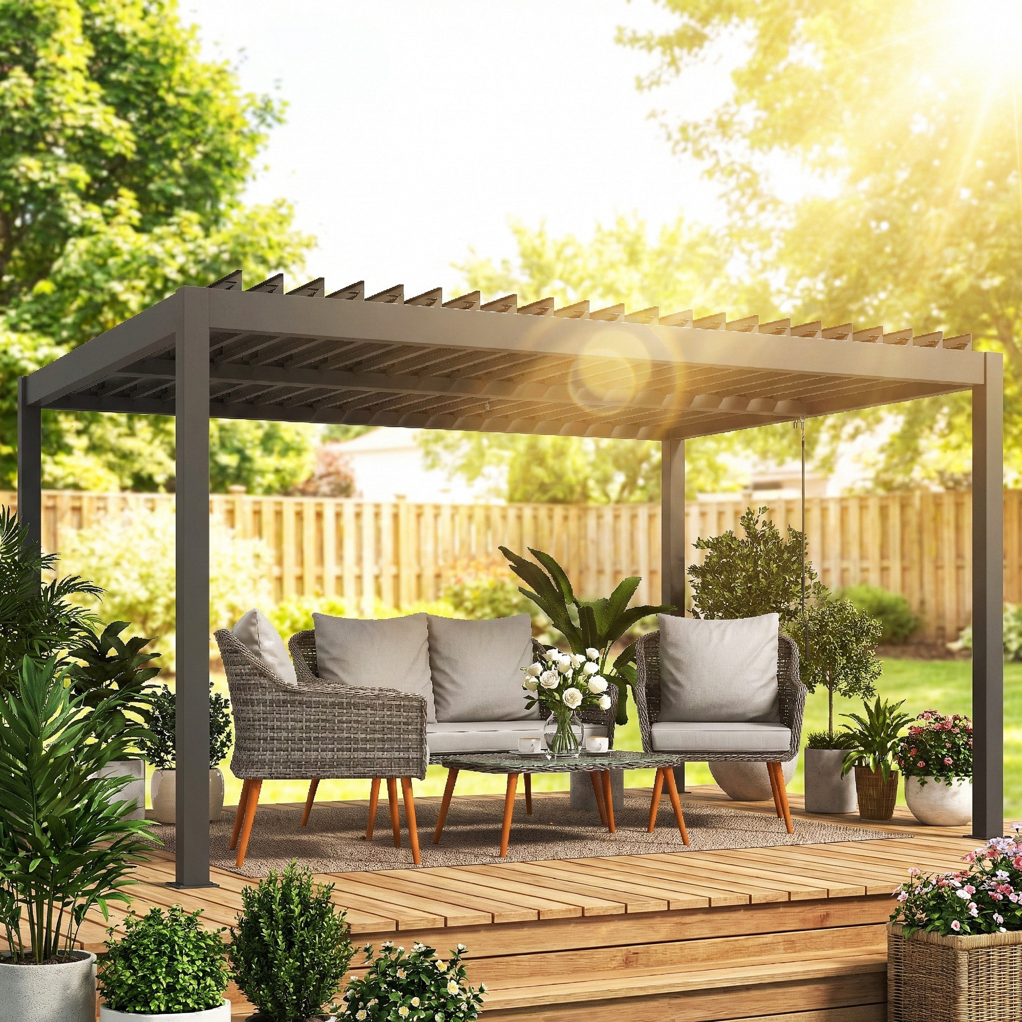 Pergola bioclimatique lames orientables aluminium gris foncé