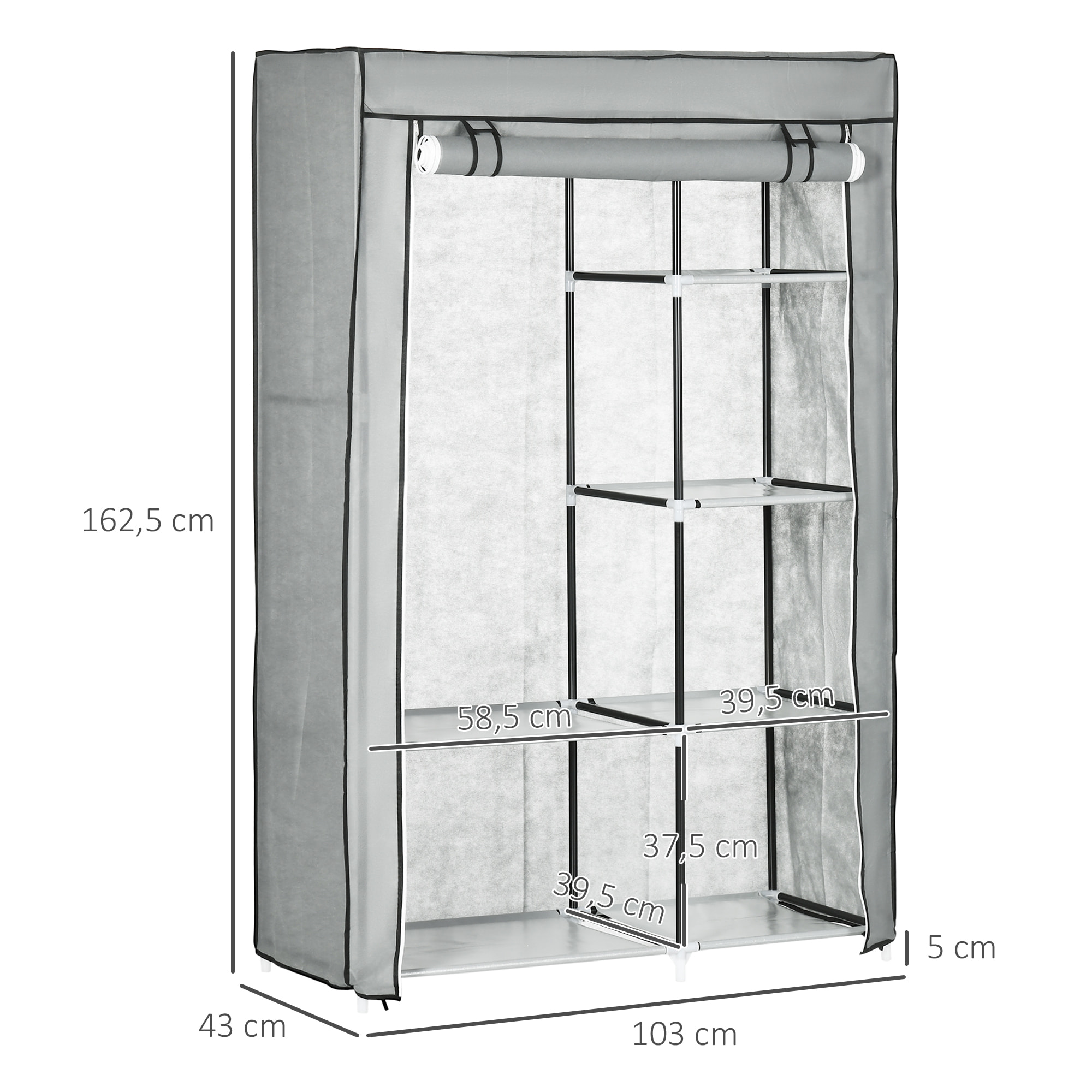 HOMCOM Armario de Tela Plegable Armario de Ropa Organizador Ropero Portátil con 6 Estantes y 1 Barra para Colgar para Dormitorio Vestidor 103x43x162,5 cm Gris