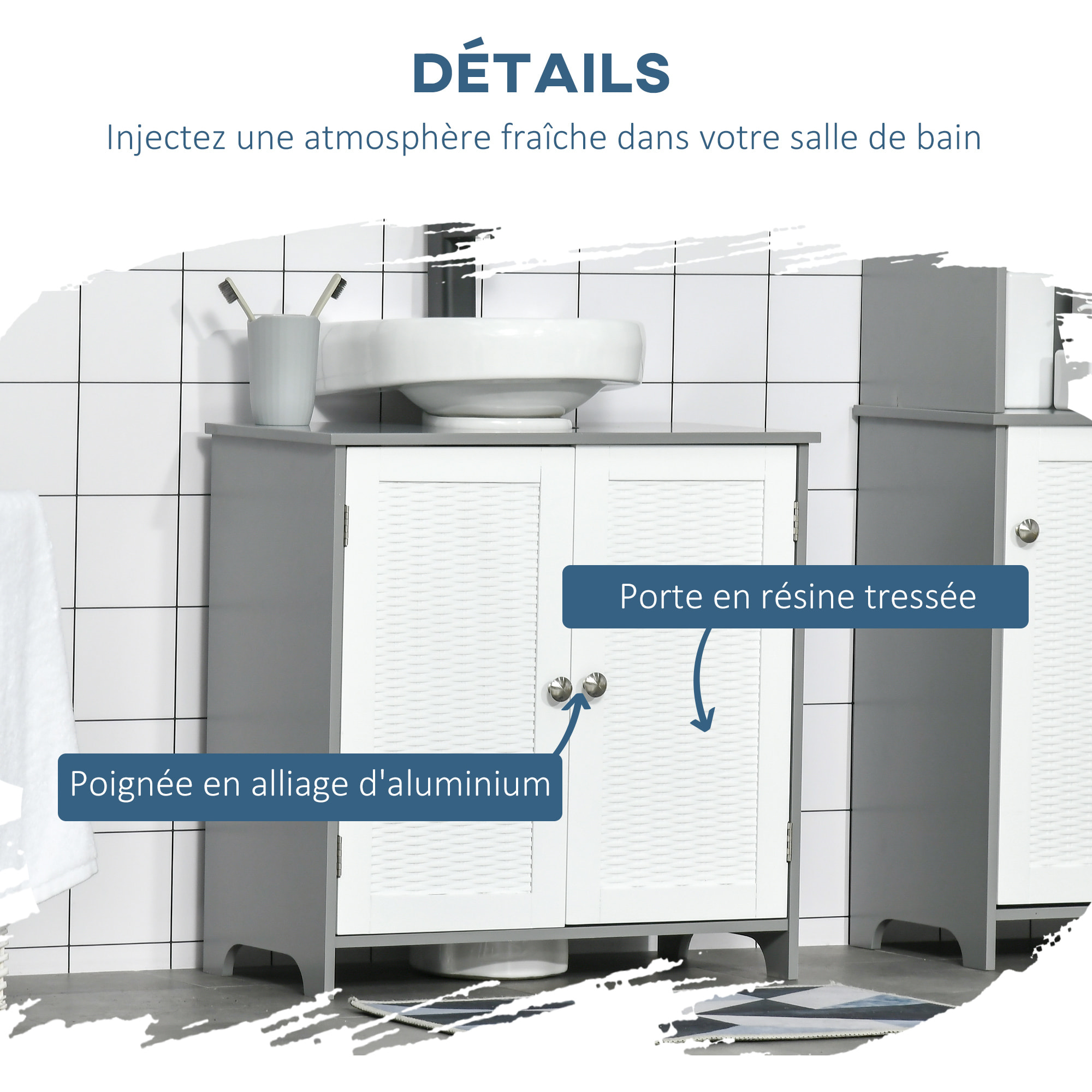 Meuble salle de bain - meuble sous-vasque - placard 2 portes aspect résine tressée avec étagère - MDF blanc gris