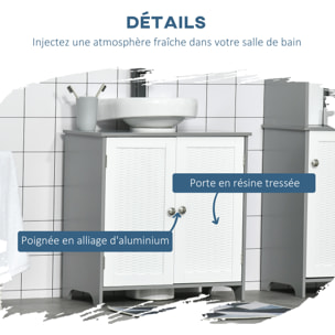 Meuble salle de bain - meuble sous-vasque - placard 2 portes aspect résine tressée avec étagère - MDF blanc gris