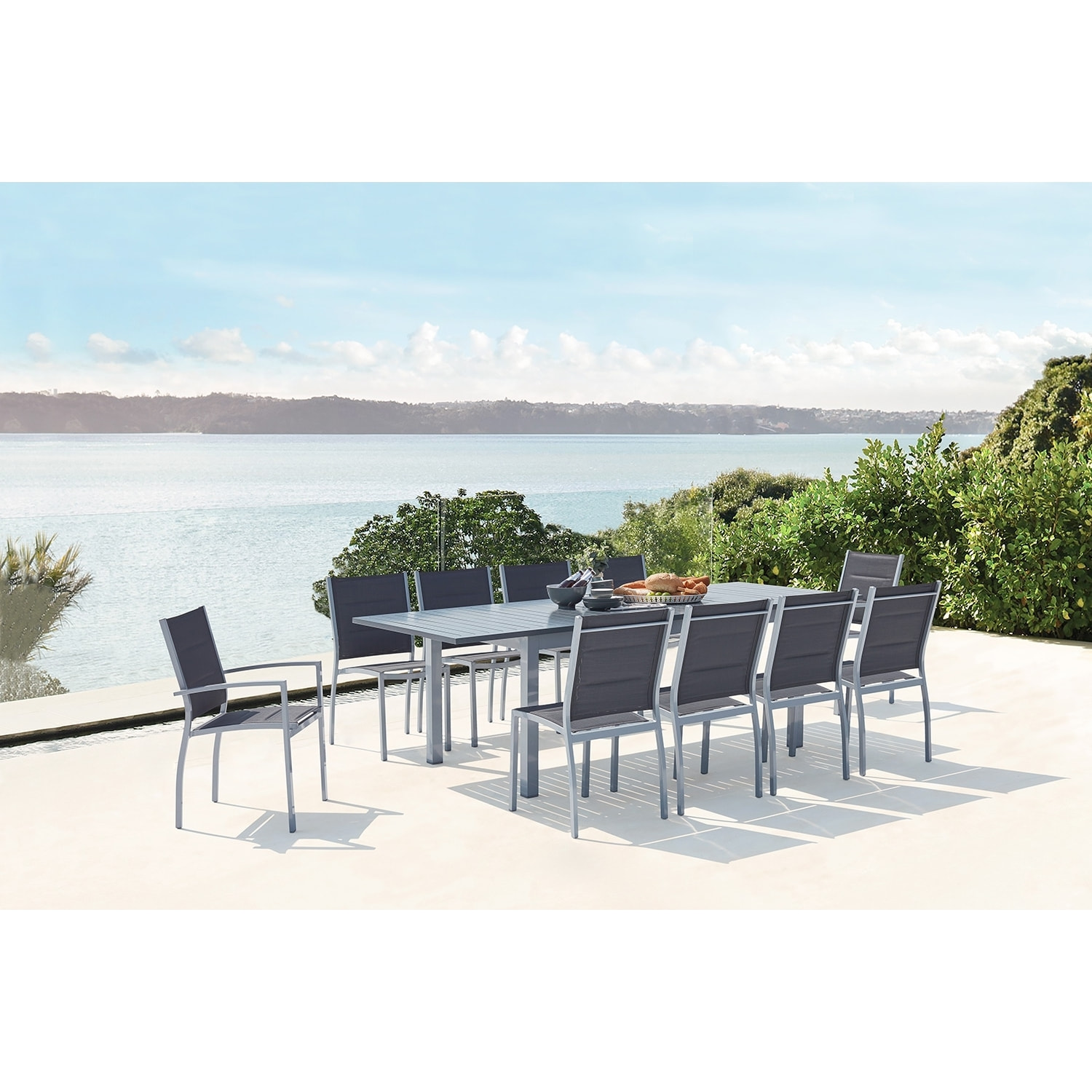 Table de jardin extensible et 10 chaises alu/toile PVC gris BERENIS
