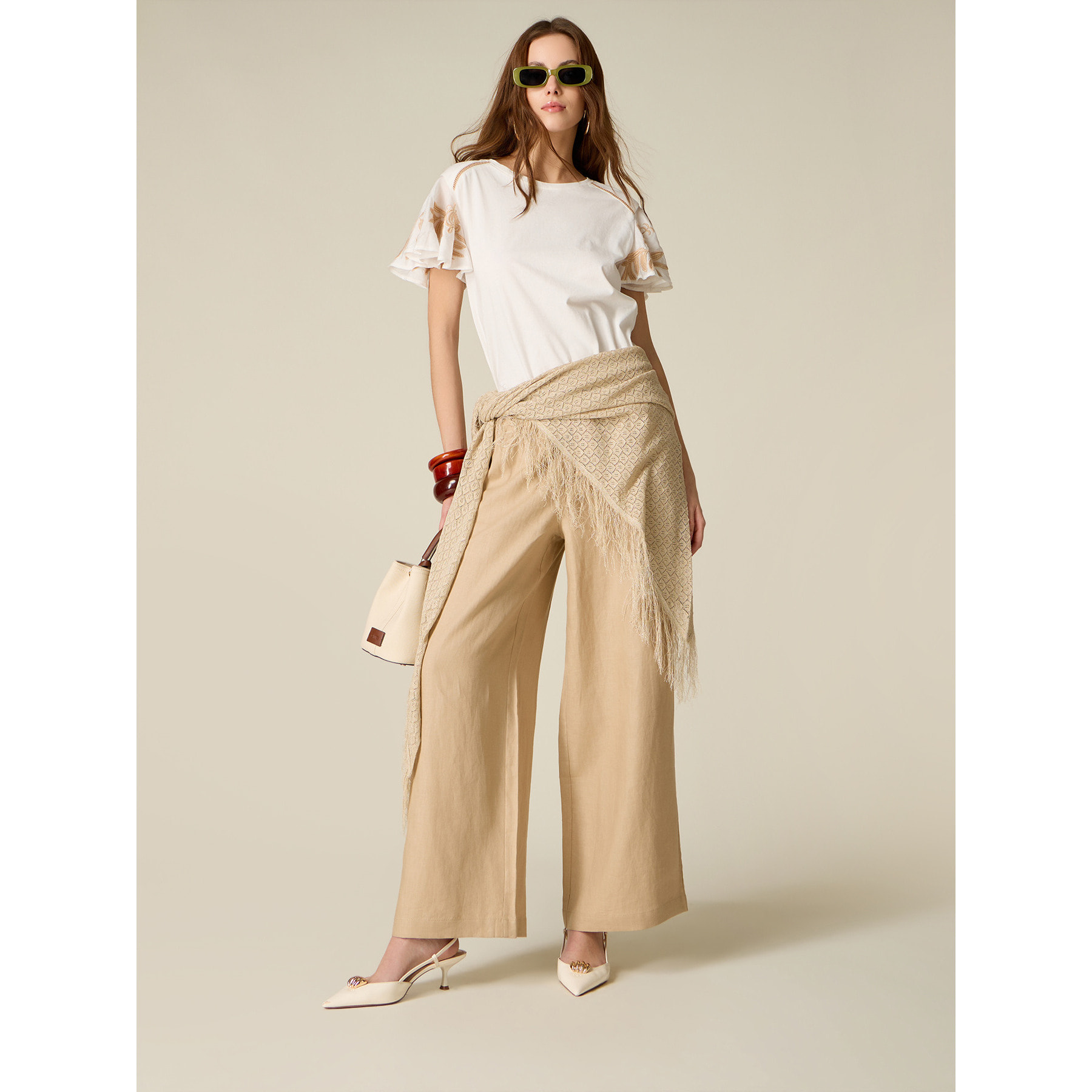 Oltre - Pantalones wide leg de lino - Beige