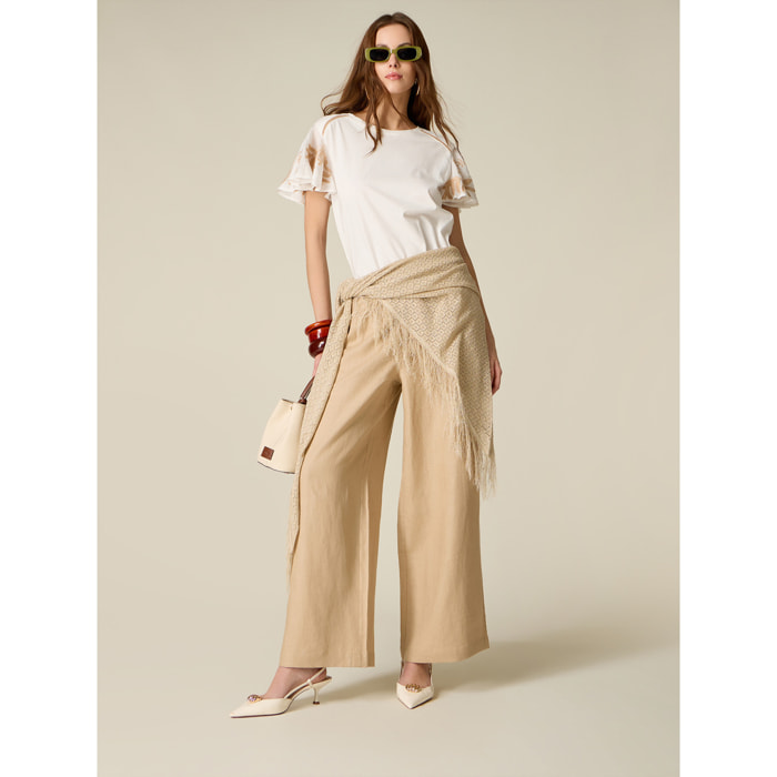 Oltre - Pantalones wide leg de lino - Beige