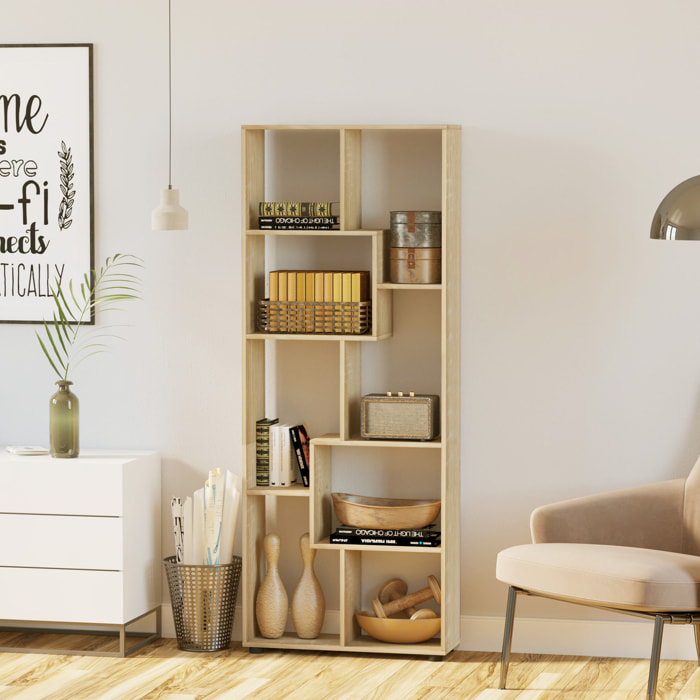 Bibliothèque étagère meuble de rangement dim. 70L x 24l x 178H cm en zigazag et 8 espaces en panneau de particules naturel