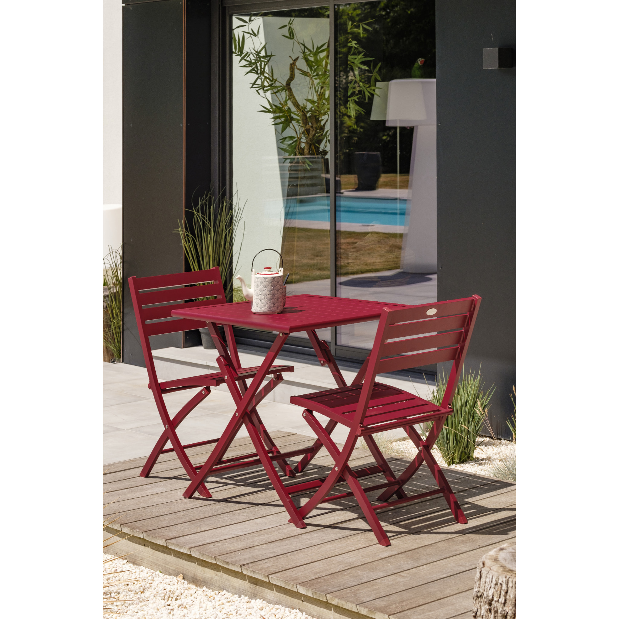 MARIUS - Ensemble repas de jardin 2 places en aluminium rouge carmin