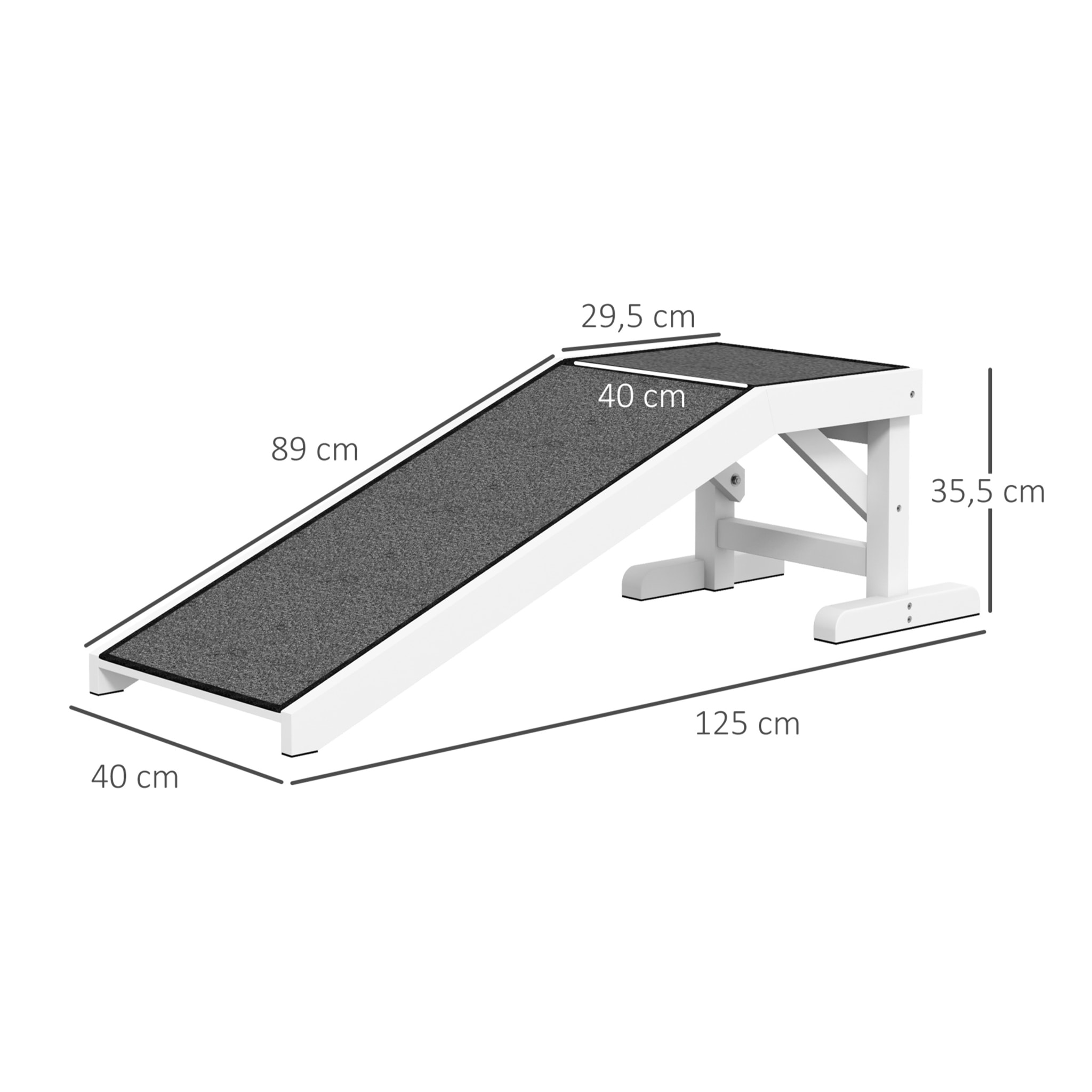 Rampa para Perros de Madera Rampa para Mascotas para Cama/Sofá con Alfombra Antideslizante para Perros Pequeños Medianos y Grandes 125x40x35,5 cm Blanco y Gris
