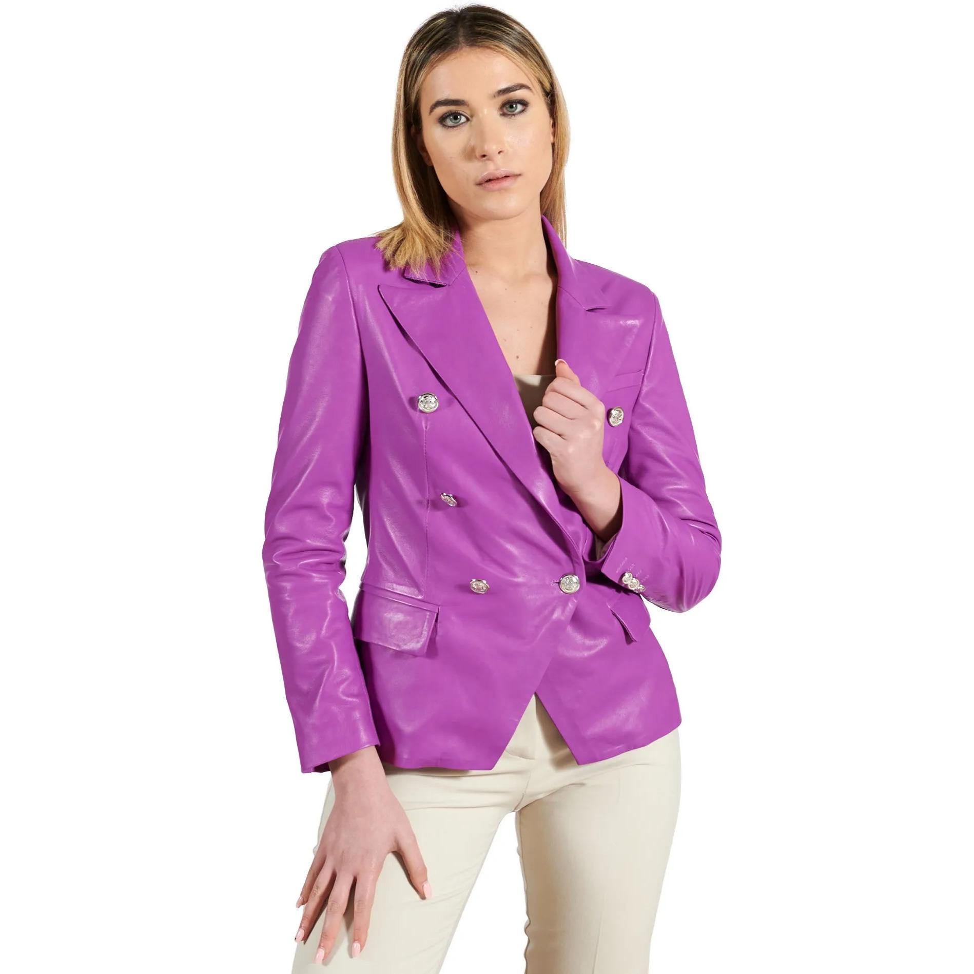 Giacca blazer doppio petto in pelle naturale glicine