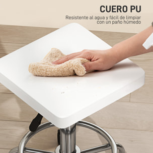 Taburete Giratorio Taburete con Ruedas Altura Regulable 50-66 cm Asiento Tapizado de Cuero Sintético Reposapiés para Salones y Talleres Blanco