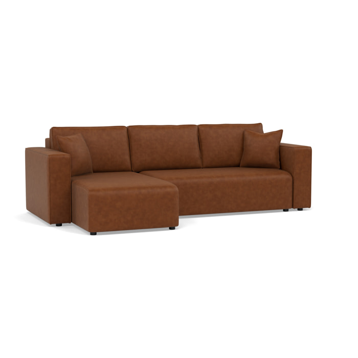Topaze - canapé d'angle réversible 4 places convertible avec coffre en simili - Cognac