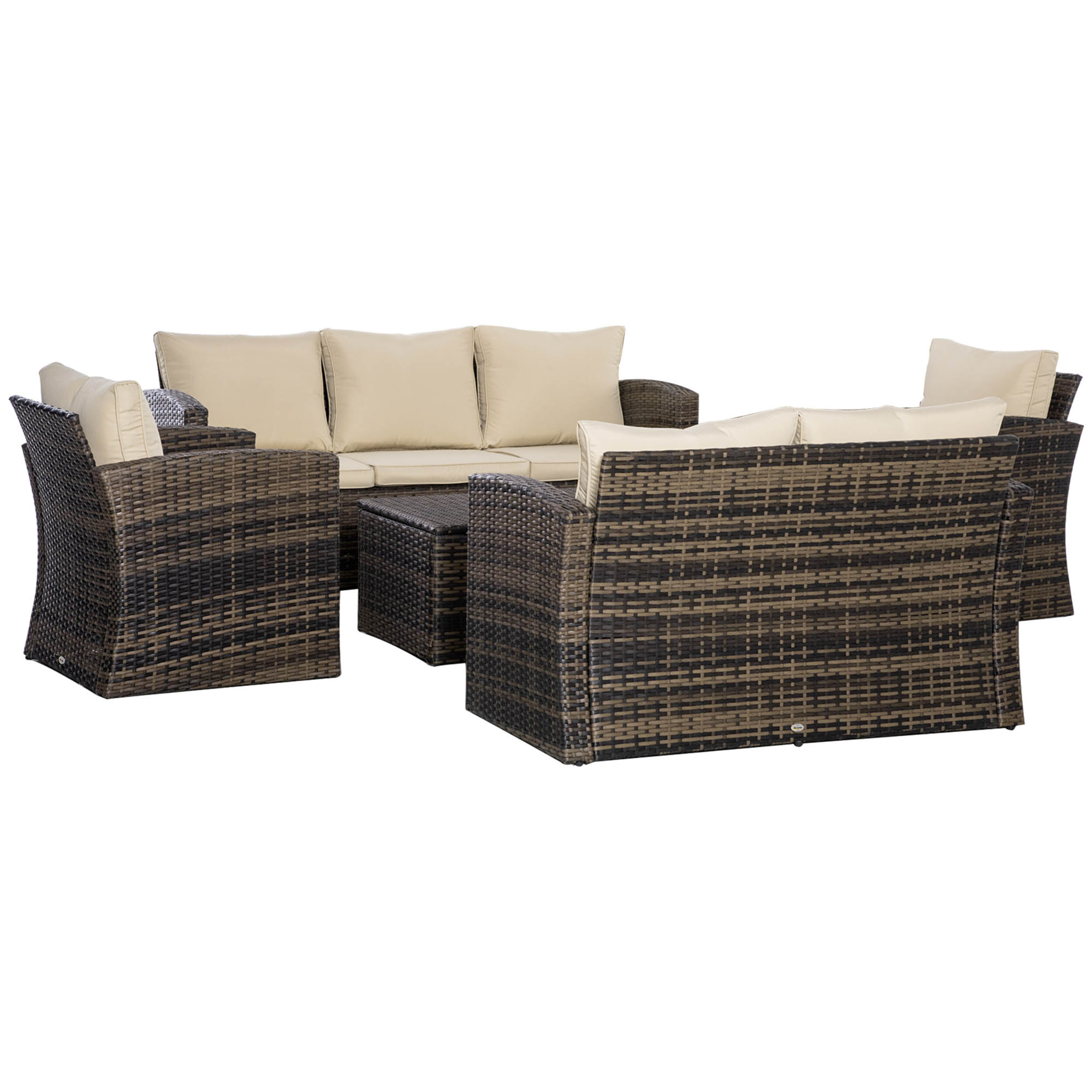 Conjunto de Jardín Exterior de Ratán, Conjunto Terraza, Muebles Jardín Exterior 6 Piezas Incluye Cojines, Sofá Doble, Sofá 3 Plazas, 2 Sillones, 2 Mesas Auxiliares con Almacenamiento, Caqui