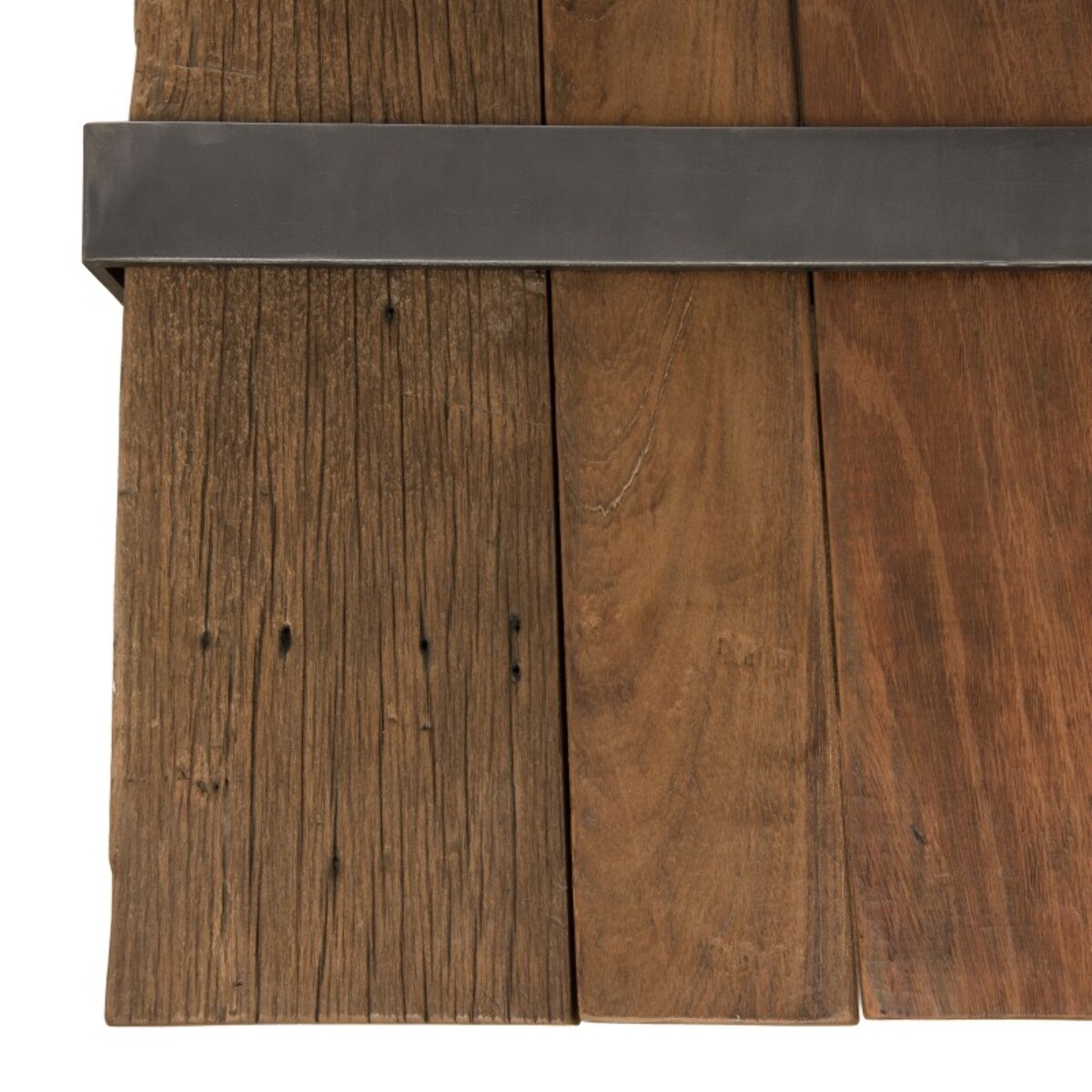 MATHIS - Table basse multi-planches marron bois massif cerclée métal gris anthracite