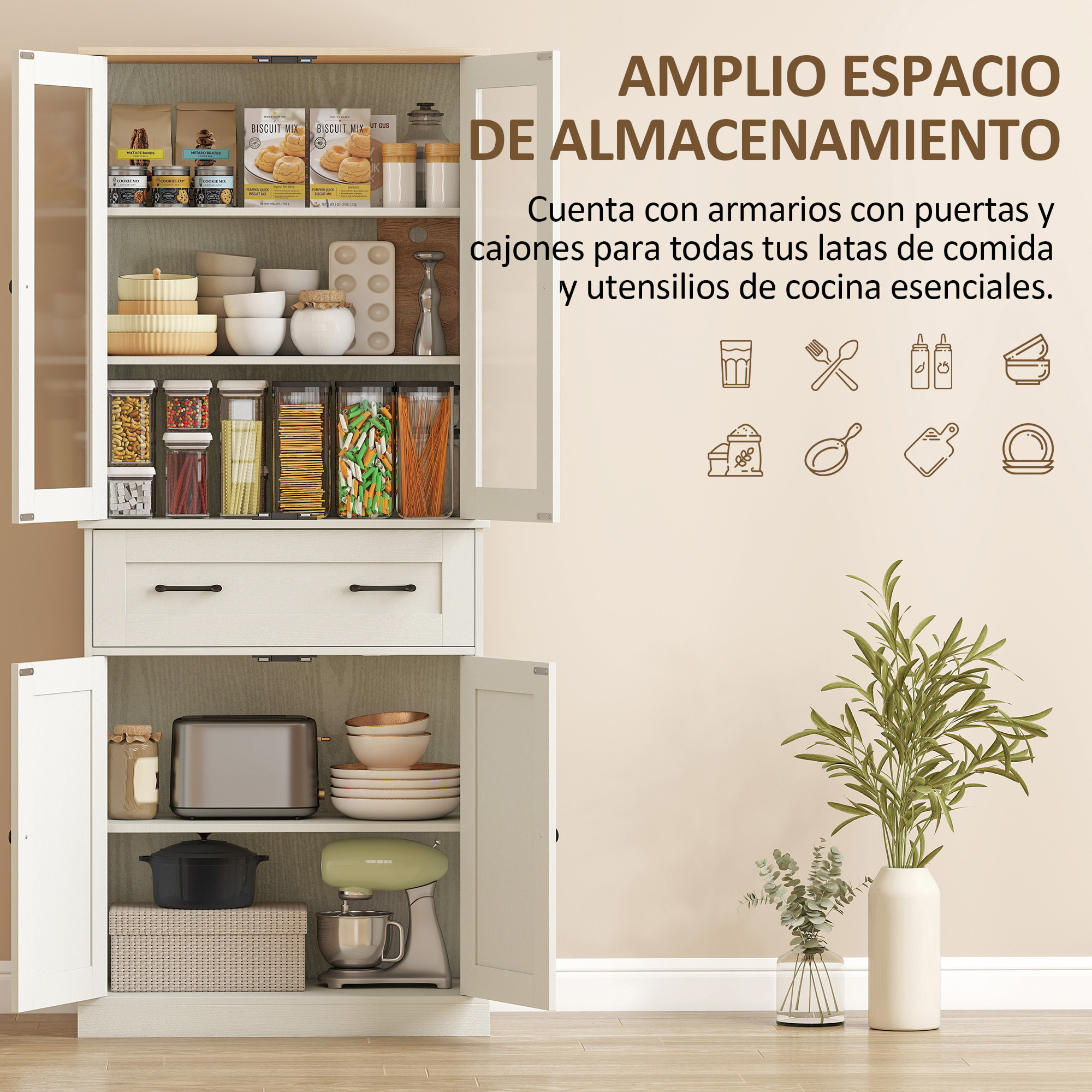 Alacena de Cocina, Mueble Auxiliar de Cocina con 2 Puertas de Acrílico, Cajón Grande, Estantes Ajustables, para Comedor, 76x40x182,5 cm, Crema