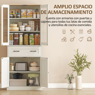 Alacena de Cocina, Mueble Auxiliar de Cocina con 2 Puertas de Acrílico, Cajón Grande, Estantes Ajustables, para Comedor, 76x40x182,5 cm, Crema