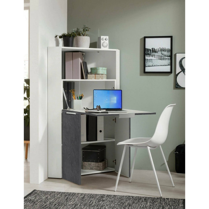 Scrivania Akiro, Mobile ad angolo con scaffali e piano da lavoro, Tavolo multiuso per ufficio, Scrivania salvaspazio, 100% Made in Italy, cm 70x57h140, Bianco e Ardesia