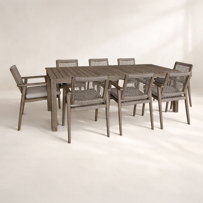 Ensemble table et 8 fauteuils de jardin en bois d'acacia et corde EDEN