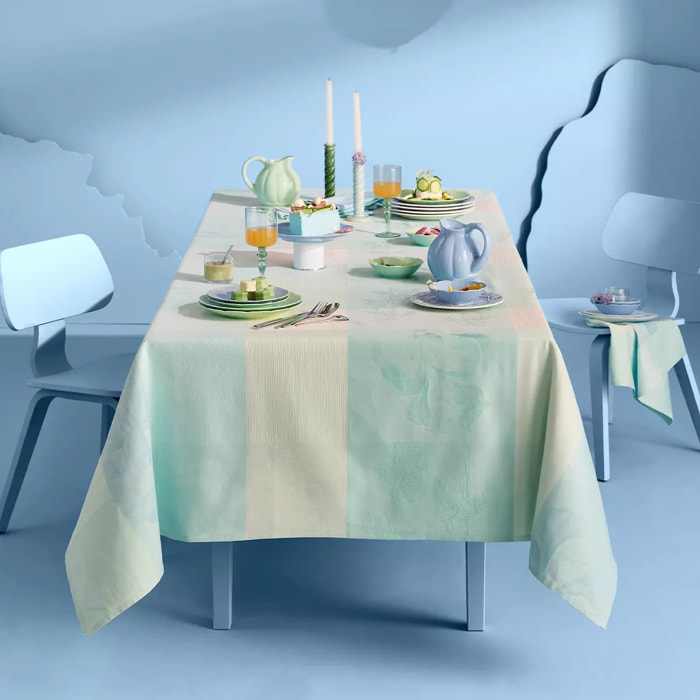 Nappe pur coton 220 g/m² motif jacquard bleu beige Mille iris d'eau aqua