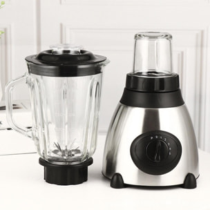 Batidora 2 en 1 de vaso 1,5L acero inoxidable . Jarra de cristal, 1500W, cuchillas de acero inox, pica hielo, Smoothies, zumos. 5 velocidades. Vaso auxiliar.