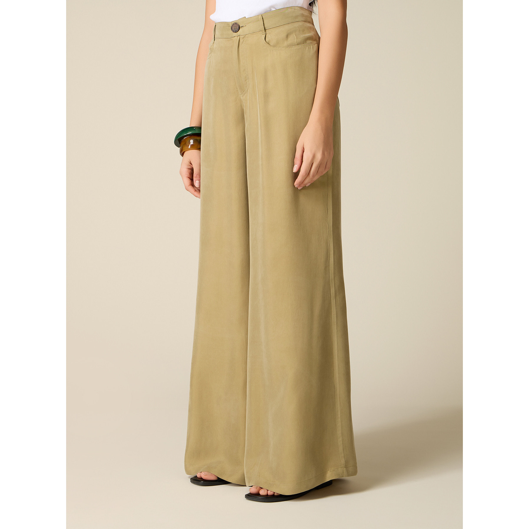 Oltre - Pantaloni palazzo in tessuto misto cupro - Verde militare