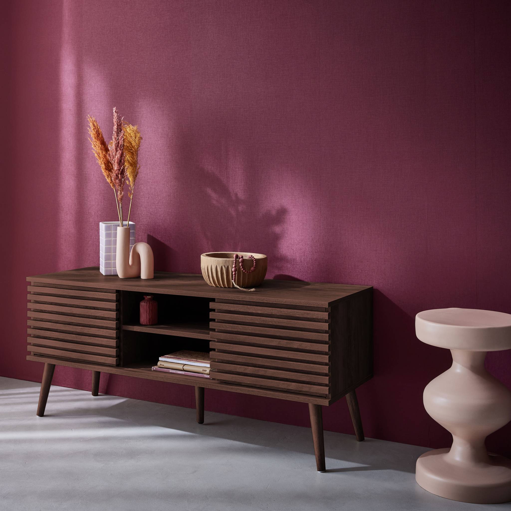 Meuble TV scandinave décor bois rainuré 2 portes 120cm MADERE