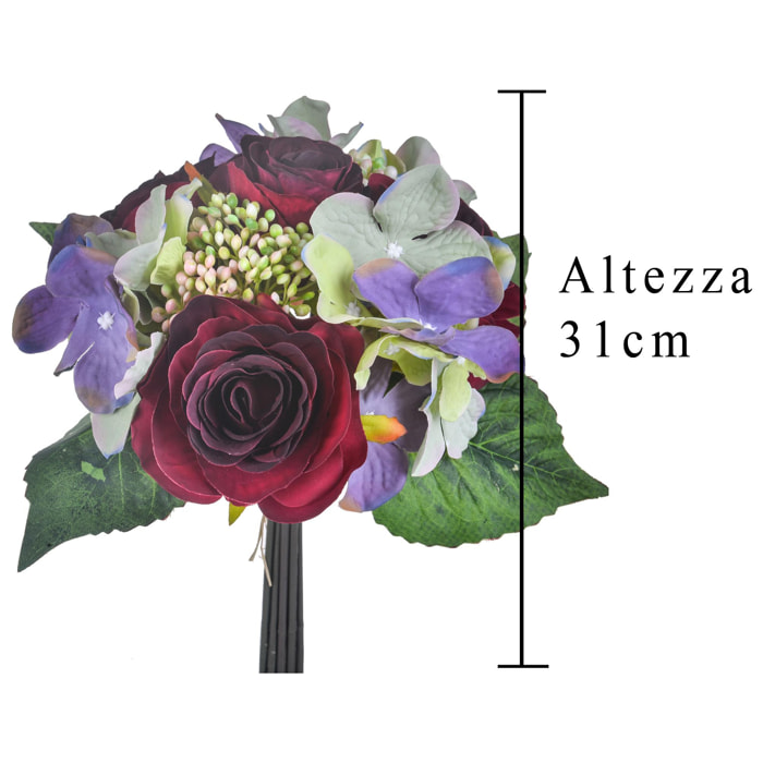 Bouquet Con Rose. Altezza 31 Cm - Pezzi 4 - 22X31X22cm - Colore: Rosso - Bianchi Dino - Fiori Artificiali