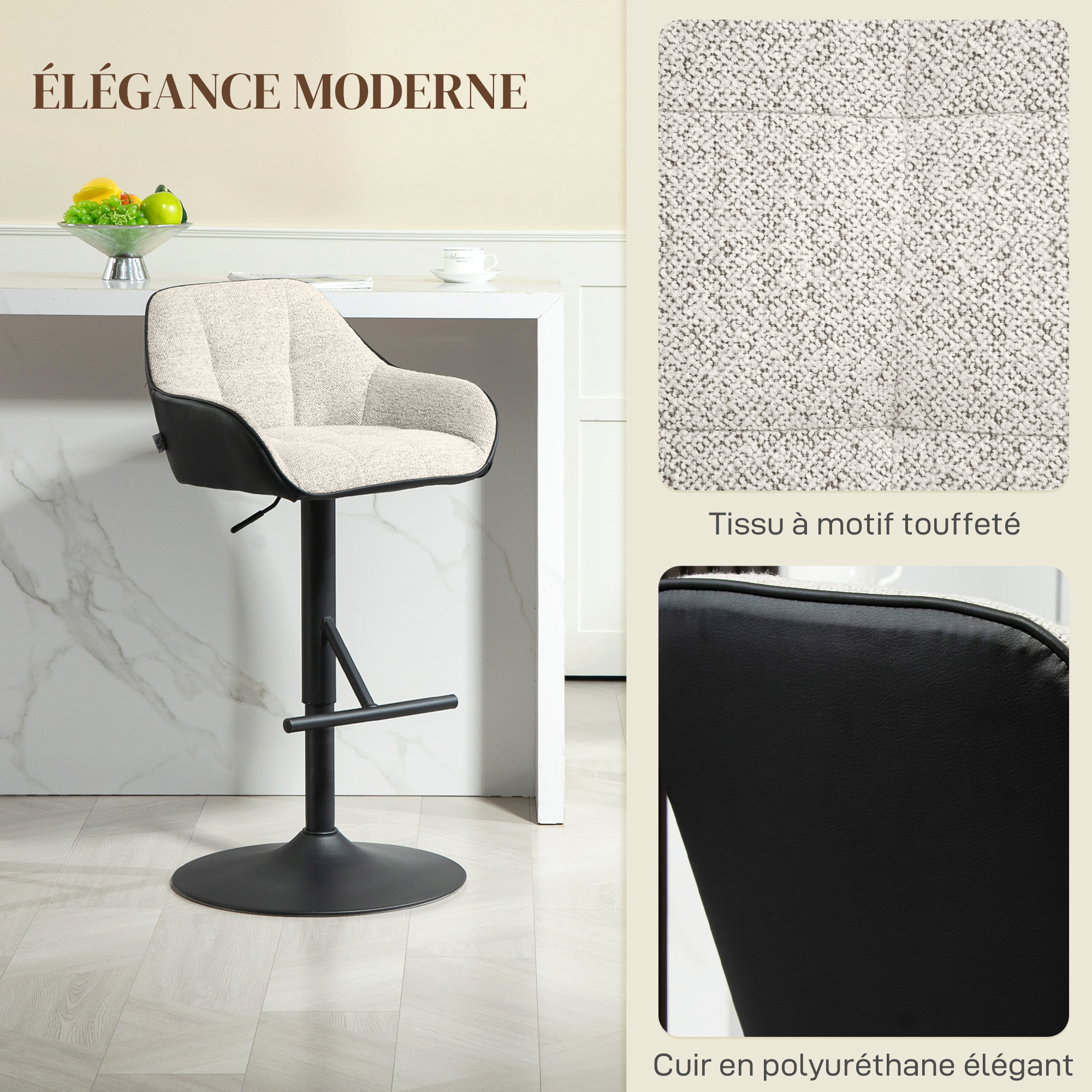 Lot de 2 tabourets de bar design capitonné acier noir mat tissu gris clair