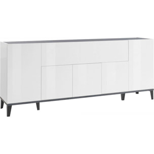 Credenza moderna a 6 ante, Made in Italy, Madia da cucina rialzata, Buffet di design da soggiorno, Cm 200x40h82, Bianco lucido e Ardesia