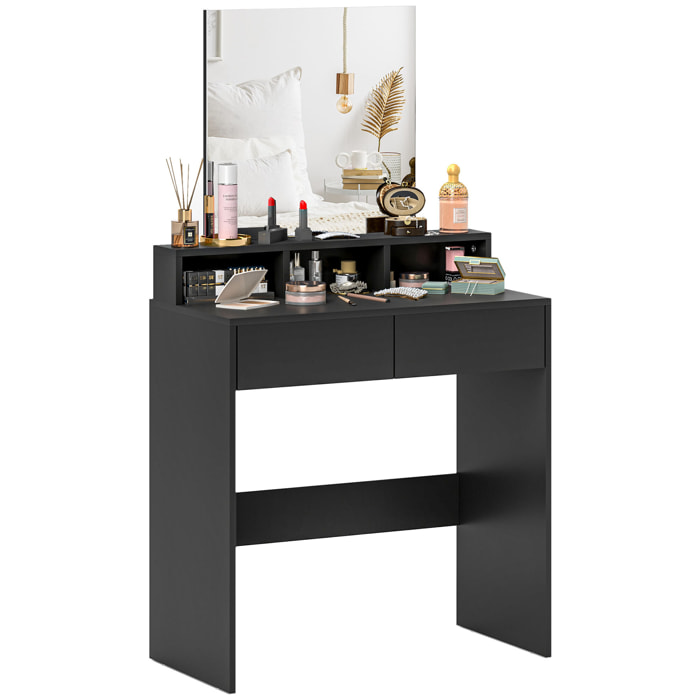 Tocador de Maquillaje con Espejo, Tocador con 2 Cajones, 3 Compartimentos Abiertos, Mesa de Maquillaje para Espacios Pequeños, Dormitorio, Negro