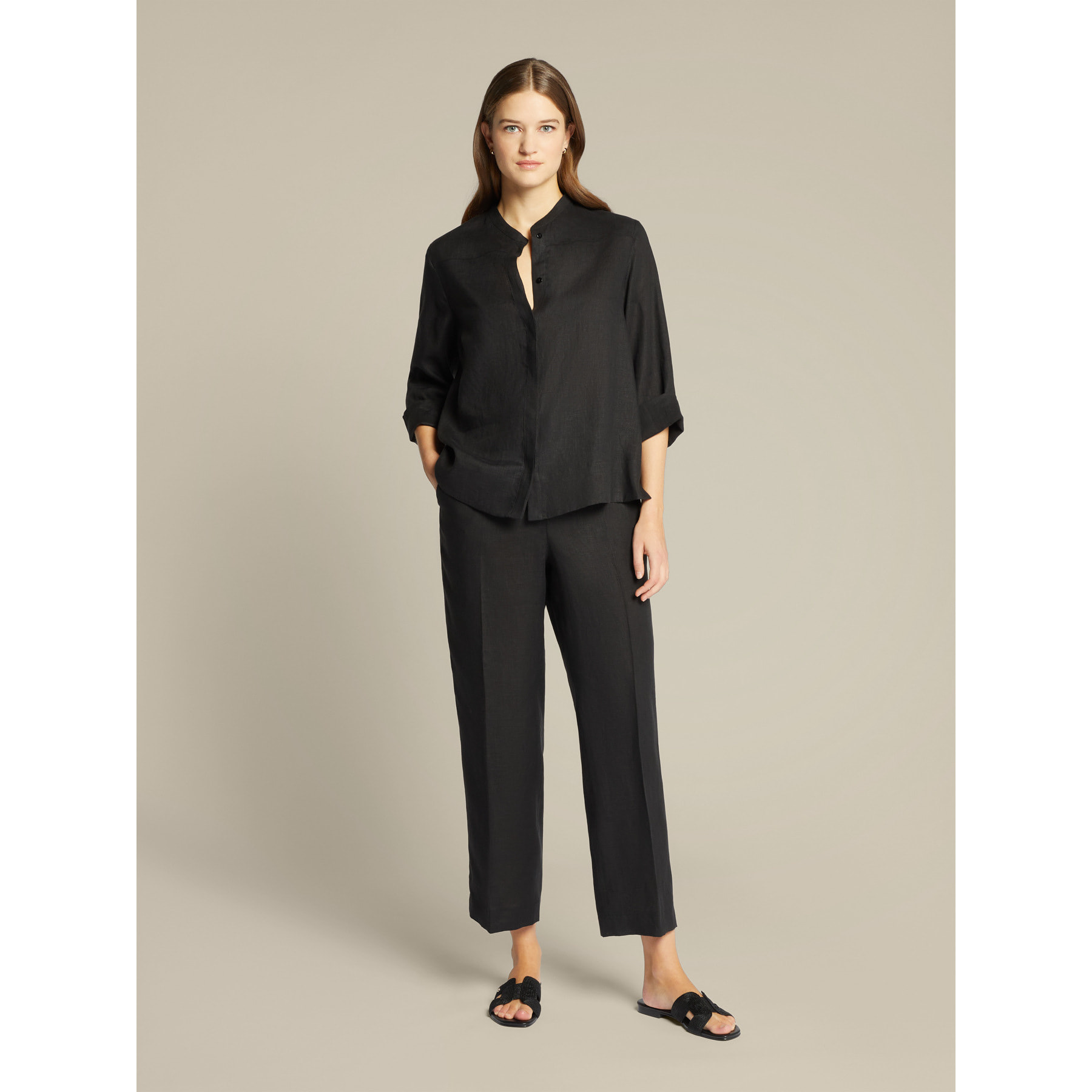 Elena Mirò - Camisa de cuello redondo en lino puro - Negro