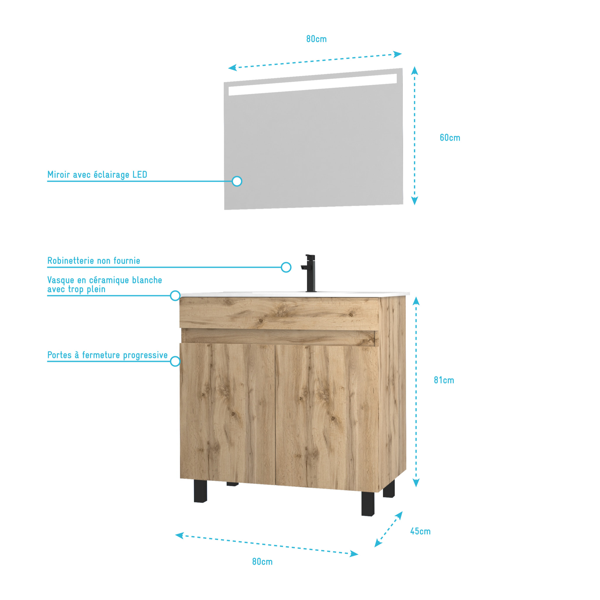 Meuble salle de bain 80x80 -Finition chene naturel + vasque blanche + miroir Led- TIMBER 80 - Pack26