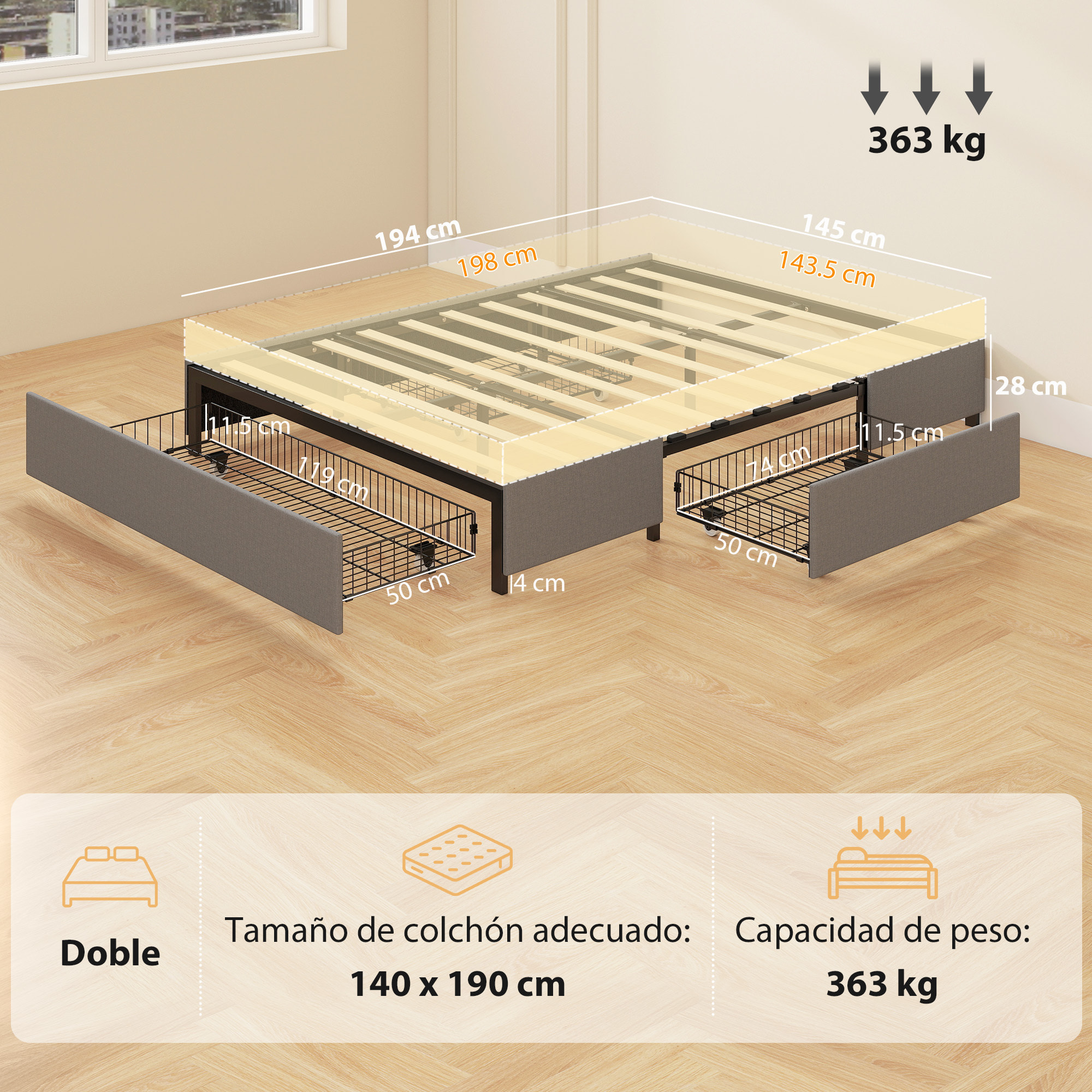 Cama Doble 140x190 cm Estructura de Cama Somier con 3 Cajones y Estructura de Metal Carga 363 kg Gris