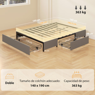 Cama Doble 140x190 cm Estructura de Cama Somier con 3 Cajones y Estructura de Metal Carga 363 kg Gris