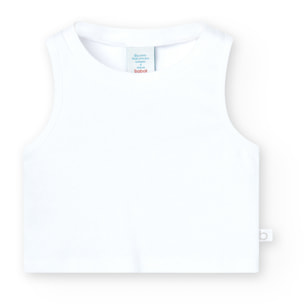 Top niña, canalé, tirantes, cuello redondo, blanco