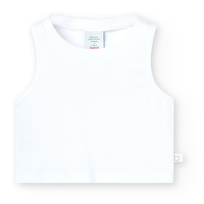 Top niña, canalé, tirantes, cuello redondo, blanco