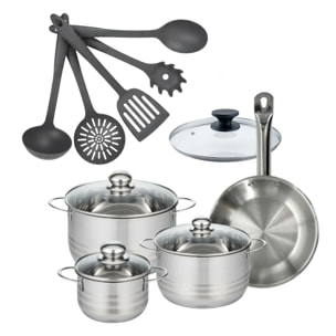 Set poêle en inox et couvercle, 3 faitouts inox et 5 ustensiles Fackelmann Eterna