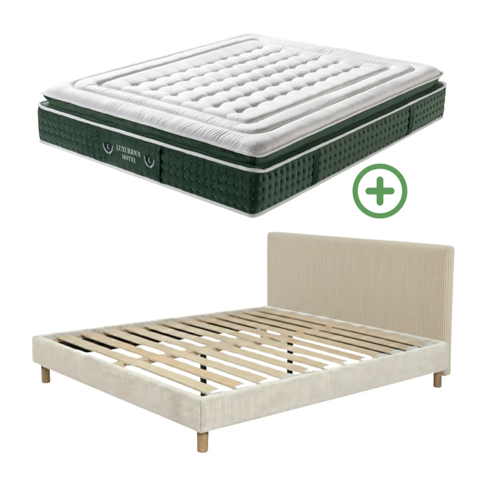 Ensemble matelas Jade & lit fixe Colisée | Mémoire de forme et ressorts ensachés | cadre à lattes | Velours côtelé | Gris clair
