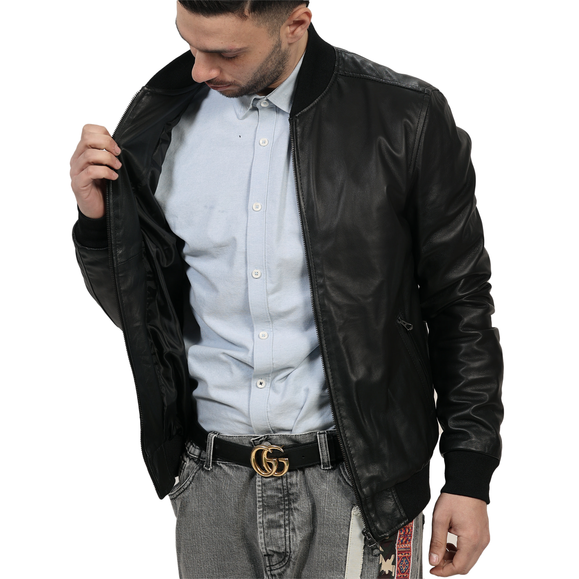 Giubbino in vera pelle di vitello Nero-Slim Fit