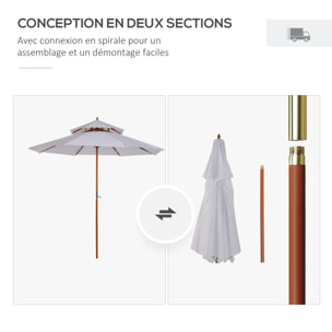 Parasol en bois peuplier droit 2 toits polyester 180 g/m² dia. 2,65 x 2,64H m blanc