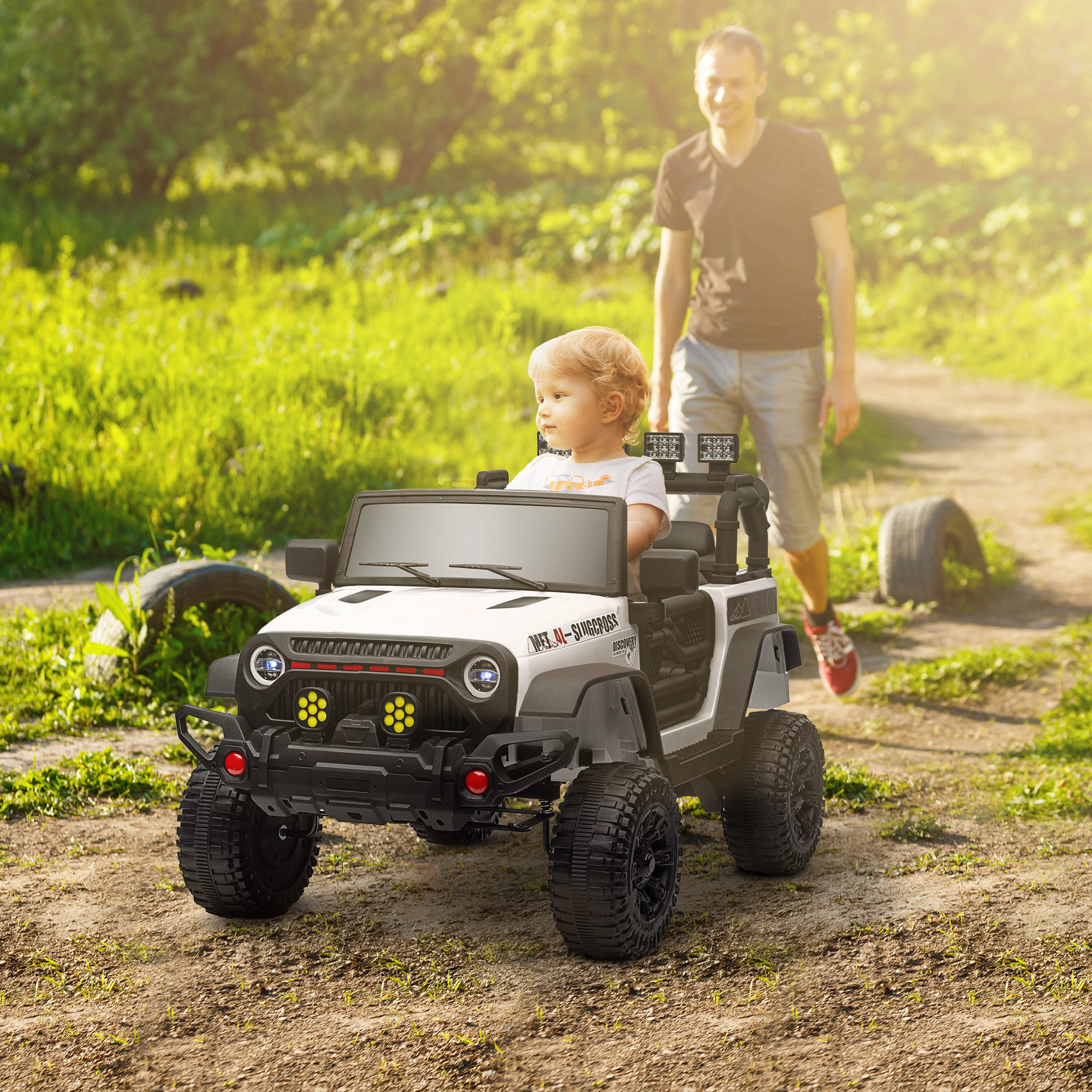 Coche Eléctrico para Niños de +3 Años Carro Eléctrico Infantil Todoterreno de Batería 12V con Mando a Distancia Ruedas Amortiguadas Faros LED Bocina Música Blanco
