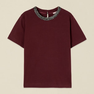 Oltre - T-shirt in cotone con collo gioiello - Bordeaux