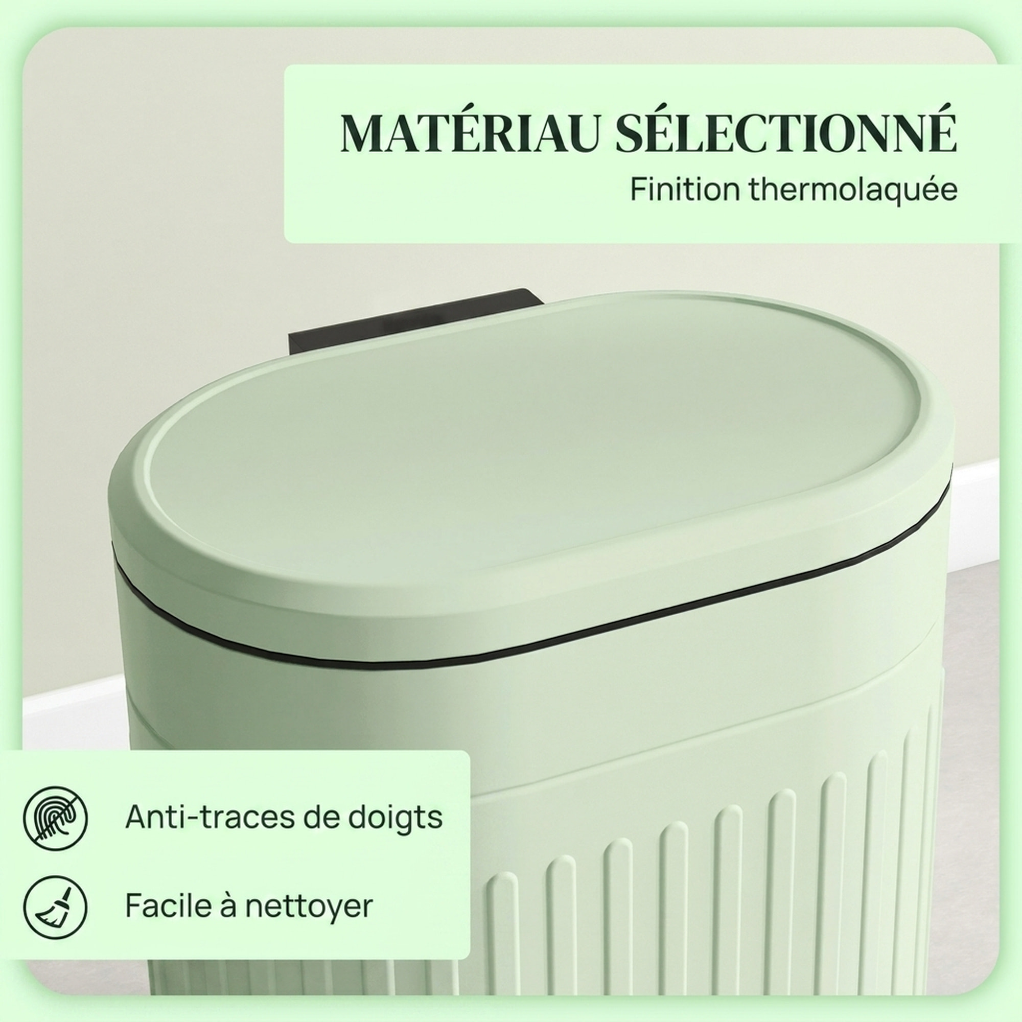 Poubelle à pédale design ovale métal ondulé 20L vert sauge clair