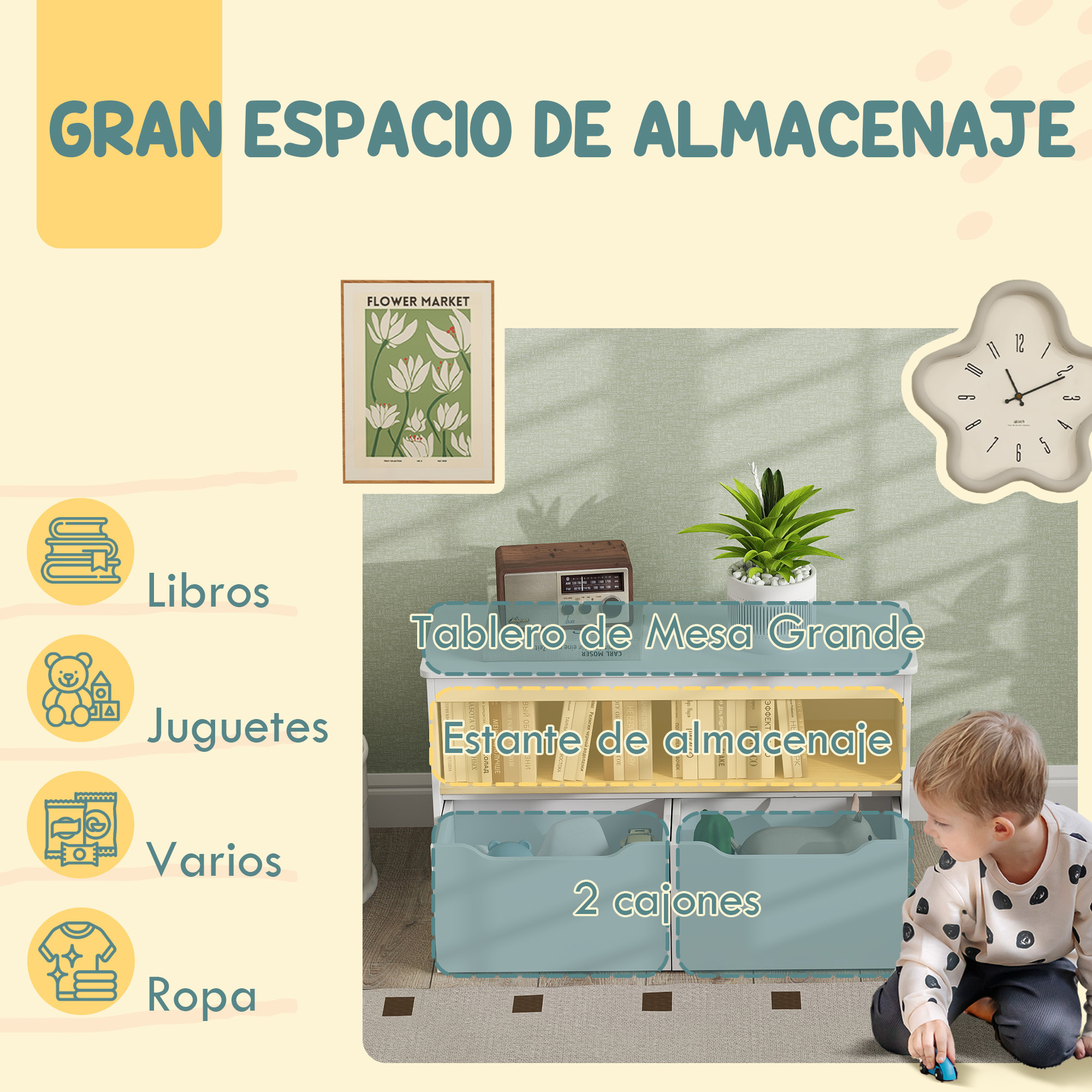 Estantería para Juguetes Infantil Librería Infantil con 2 Cajones y Compartimento para Salón Dormitorio Sala de Juegos 80x30x45 cm Blanco