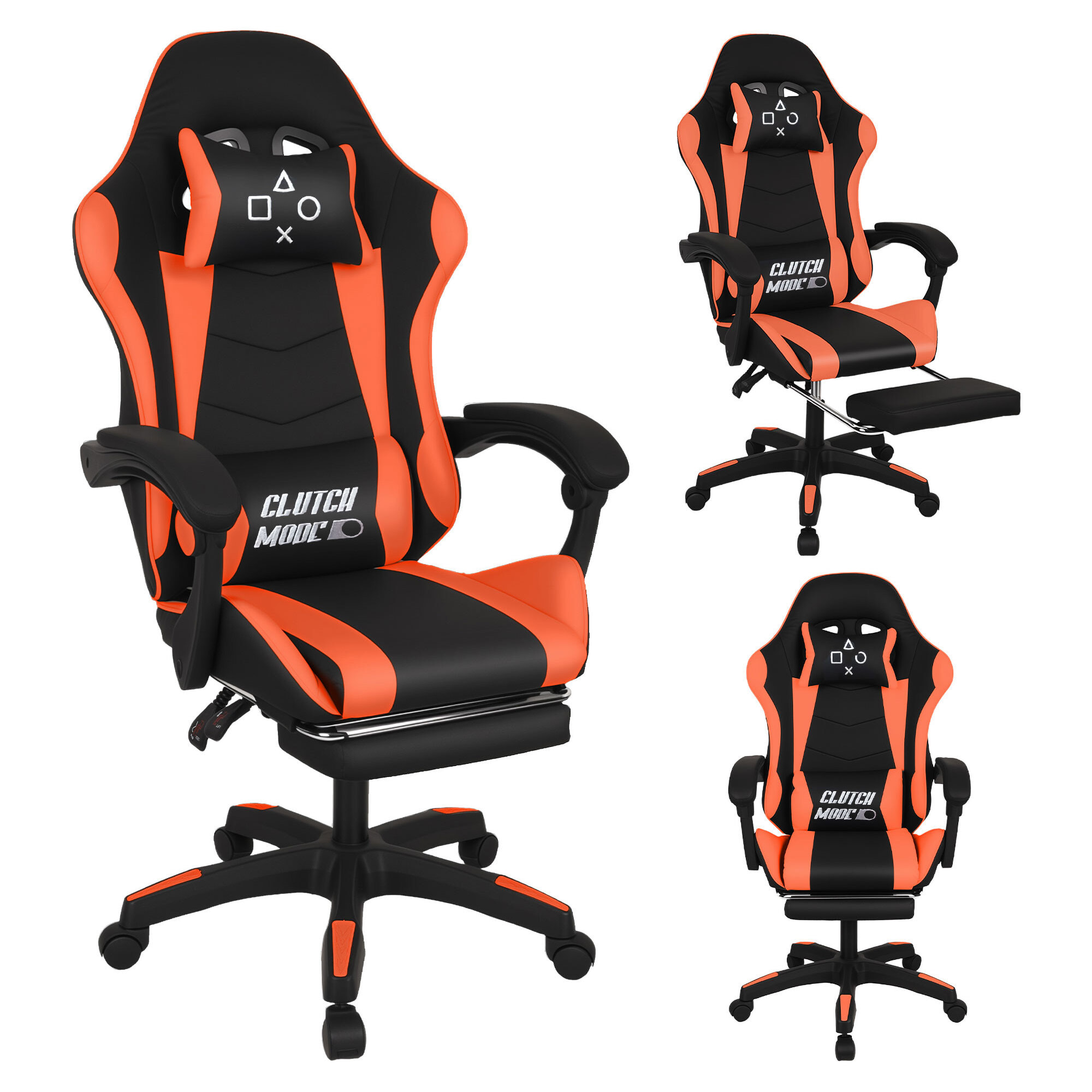 Clutch - Sedia da Gaming Ergonomica con Cuscino Lombare Poggiatesta e Poggiapiedi in PVC Nera e Rossa