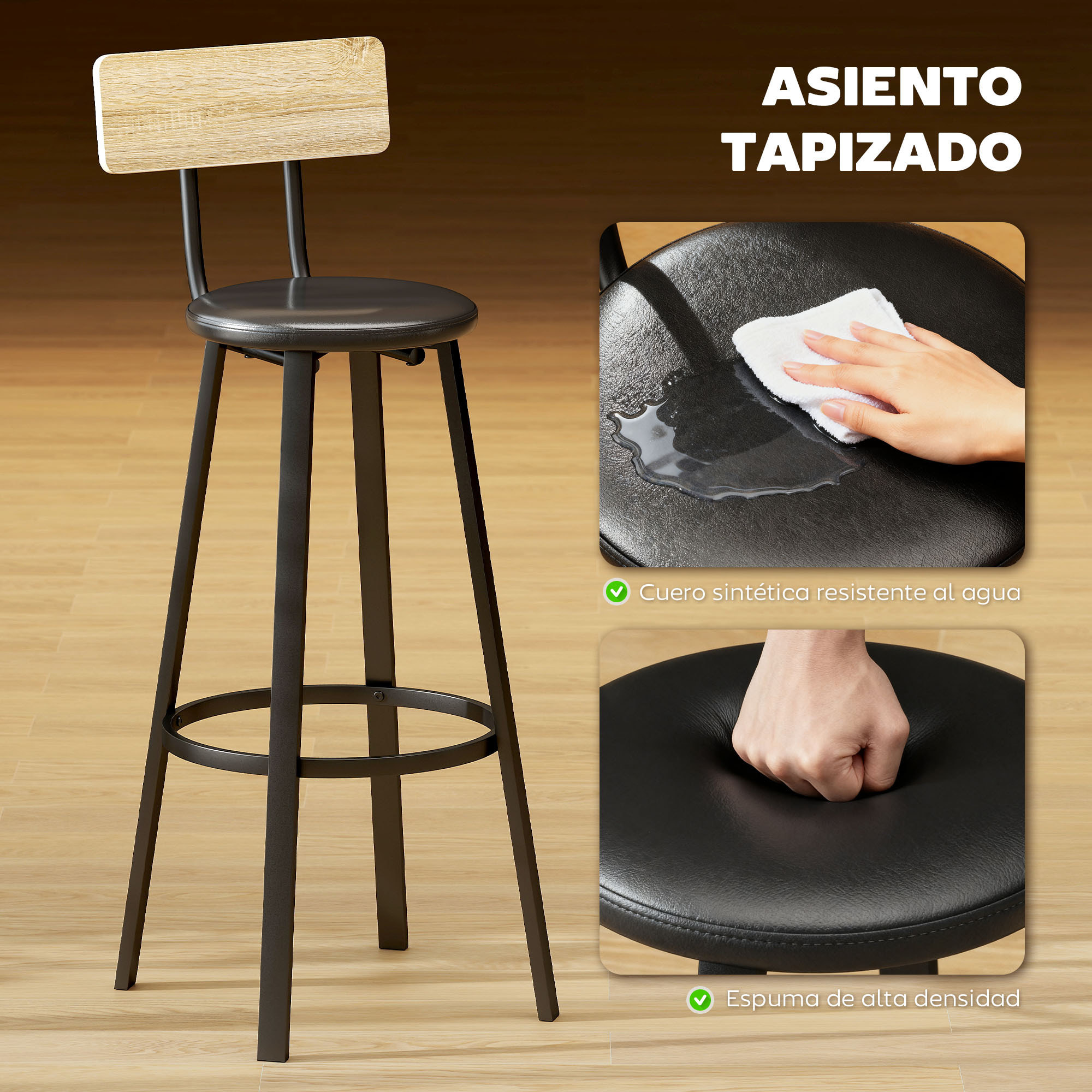 Juego de 2 Taburetes de Bar, Taburetes Altos de Cocina con Respaldo y Reposapiés, Tapizados de PU, Asiento de 75,5 cm de Altura, Fácil Montaje, Estilo Industrial, Natural y Negro